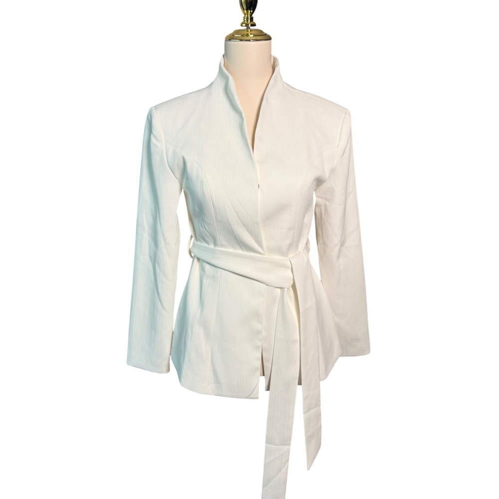 COMMENSE XS White Stand Collar Belted Long Sleeve Blazer Jacket NWT